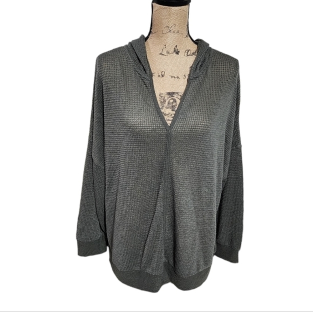 Chenault Moss Green Slightly Sheer Lightweight Hooded Thermal Shirt Plus Size 2X